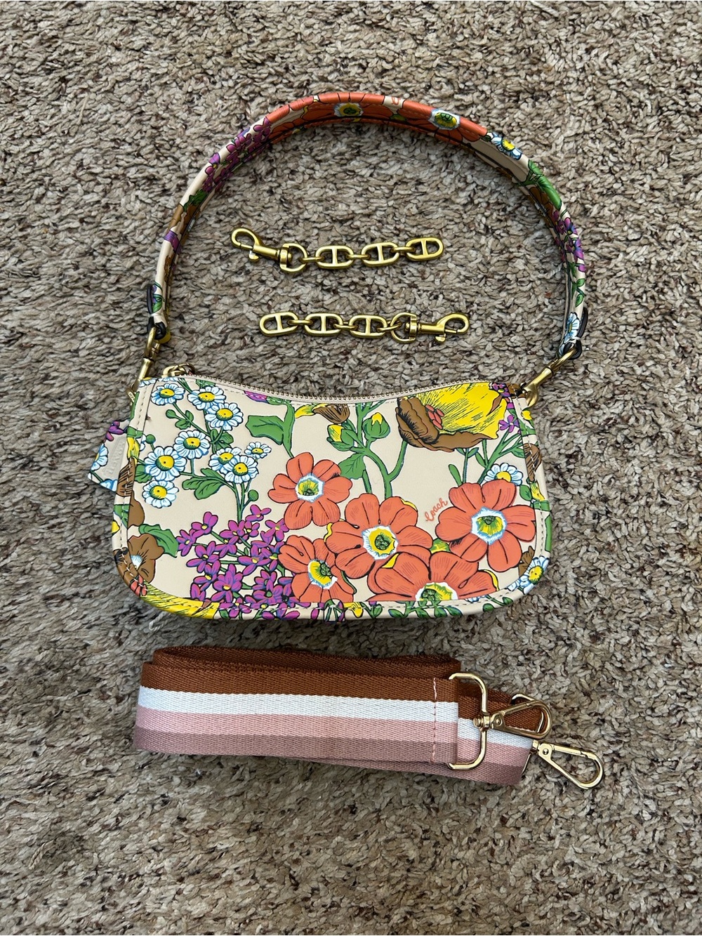 Coach Swinger 22 Garden Floral embossed ivory leather baguette armpit bag extras